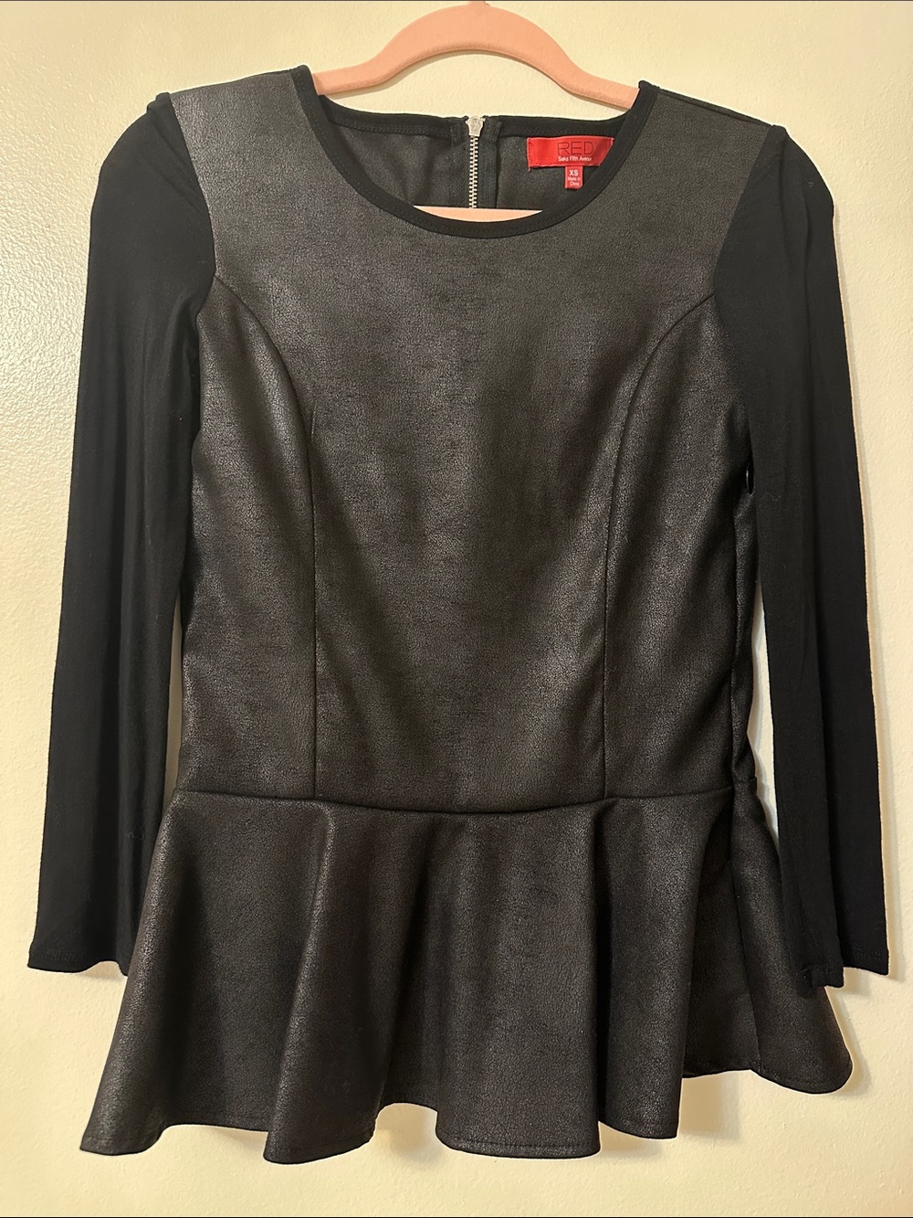 RED Saks Fifth Avenue Black Faux Leather Peplum Blouse